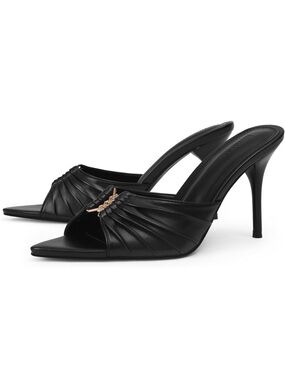 Black Leather High Heel Mule with Chain Accent